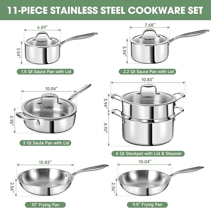 EWFEN 3 Ply Stainless Steel 11-Piece Cookware Set with Lids, Pots and Pans Kitchen Set, Non-Toxic, Induction, Oven, Dishwasher Safe, Professional Chef Quality - Image 2