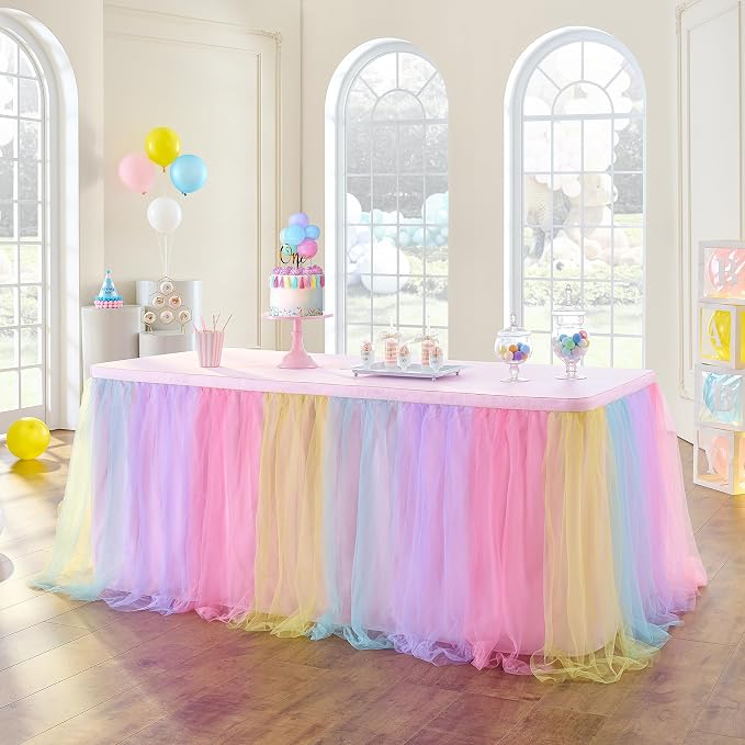 72in Rainbow Tulle Table Skirts for Rectangle Tables 6/4ft, 2-Layer Pastel Color Unicorn Ruffle Tulle Tutu Cloth Table Skirt 6ft for Girl Birthday Party Baby Shower Cake Dessert(No Table Cover) - Image 2