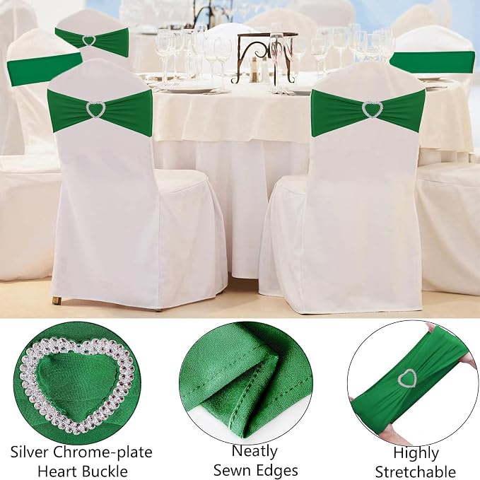 Emerald Green Chair Sashes 25 Pack Spandex Dark Green Sashes for Chairs Covers Universal Stretch Chair Sashes Band with Heart Buckle Slider for Wedding Banquet Party Decorations - Image 3