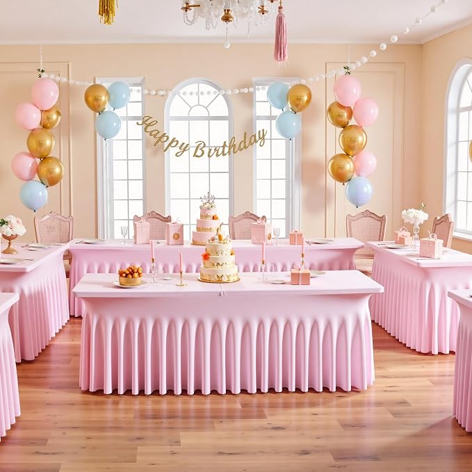 NSSONBEN 6 pk Baby Pink Spandex Tablecloth 6ft with Ruffle Table Skirt, Wrinkle Free Stretchy Fitted Tablecloths for 6 Foot Rectangle Tables, Elastic Spandex Table Covers for Weddings Parties Banquet - Image 5