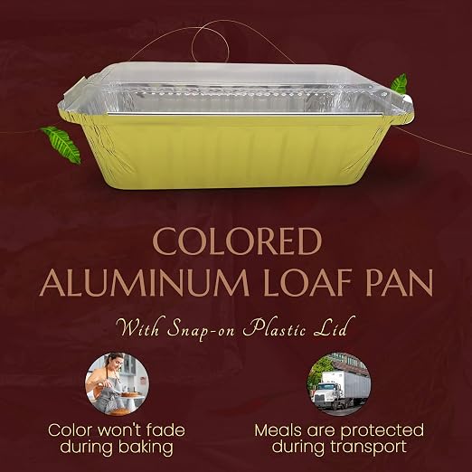 KitchenDance Colored 2lb. Disposable Loaf Pans - Foil Loaf Pans for Baking Breads, Cakes, Cobblers and More - Oven and Freezer Safe - Secure Plastic Lids for Storage and Transport - 1850 (1000, Gold) - Image 3