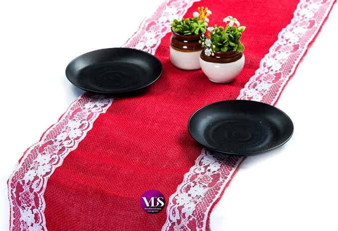 VDS Pack of 15, Burlap Table Runner with White Lace Edge, 100% Natural Jute Rustic Hessian Table Cloth Centerpiece for Wedding Birthday Party Banquet Table Decoration (Size 12X108 Inch)(Red) by VDS