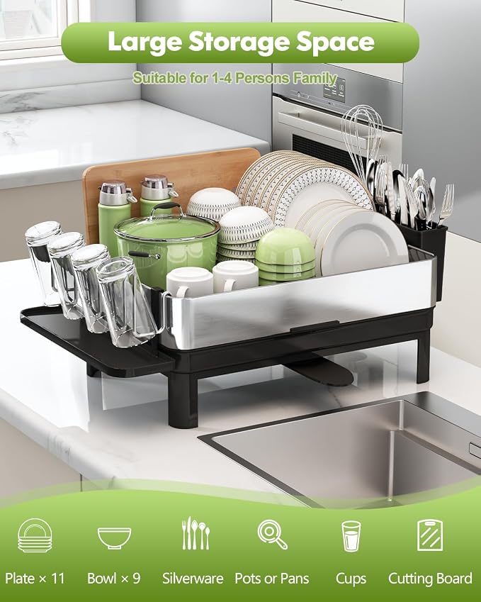 BOOSINY 1 Tier Large Stainless Steel Dish Drying Rack with Drain Board - Image 7