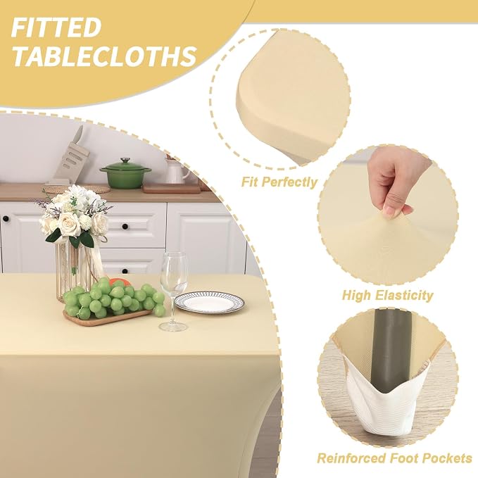Fixwal 3 Pack 6FT Champagne Tablecloth Rectangle Spandex Fitted Table Cover - Image 2