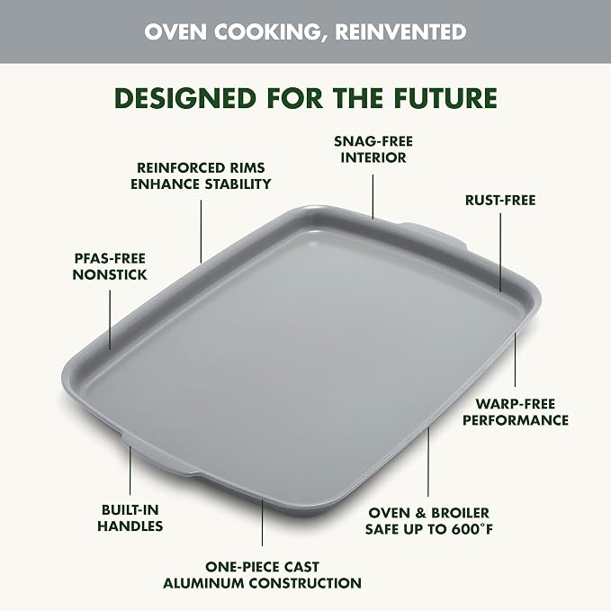 GreenPan Premiere Ovenware Healthy Ceramic Nonstick 18" x 13" Half Rectangular Baking Pan, PFAS-Free, Warp-Free Bakeware, Durable Quick Heating, Oven & Broiler Safe to 600F, Dishwasher Safe, Gray - Image 4
