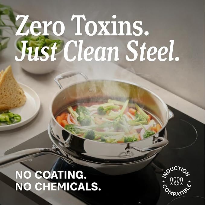 LEGEND COOKWARE 5-Ply Stainless Steel 7-Quart Saute Pan with Lid - Induction Compatible, Oven Safe 800°F - Non-Toxic, No Coatings - Even Heating, Won't Warp - Built to Last Generations - Image 2