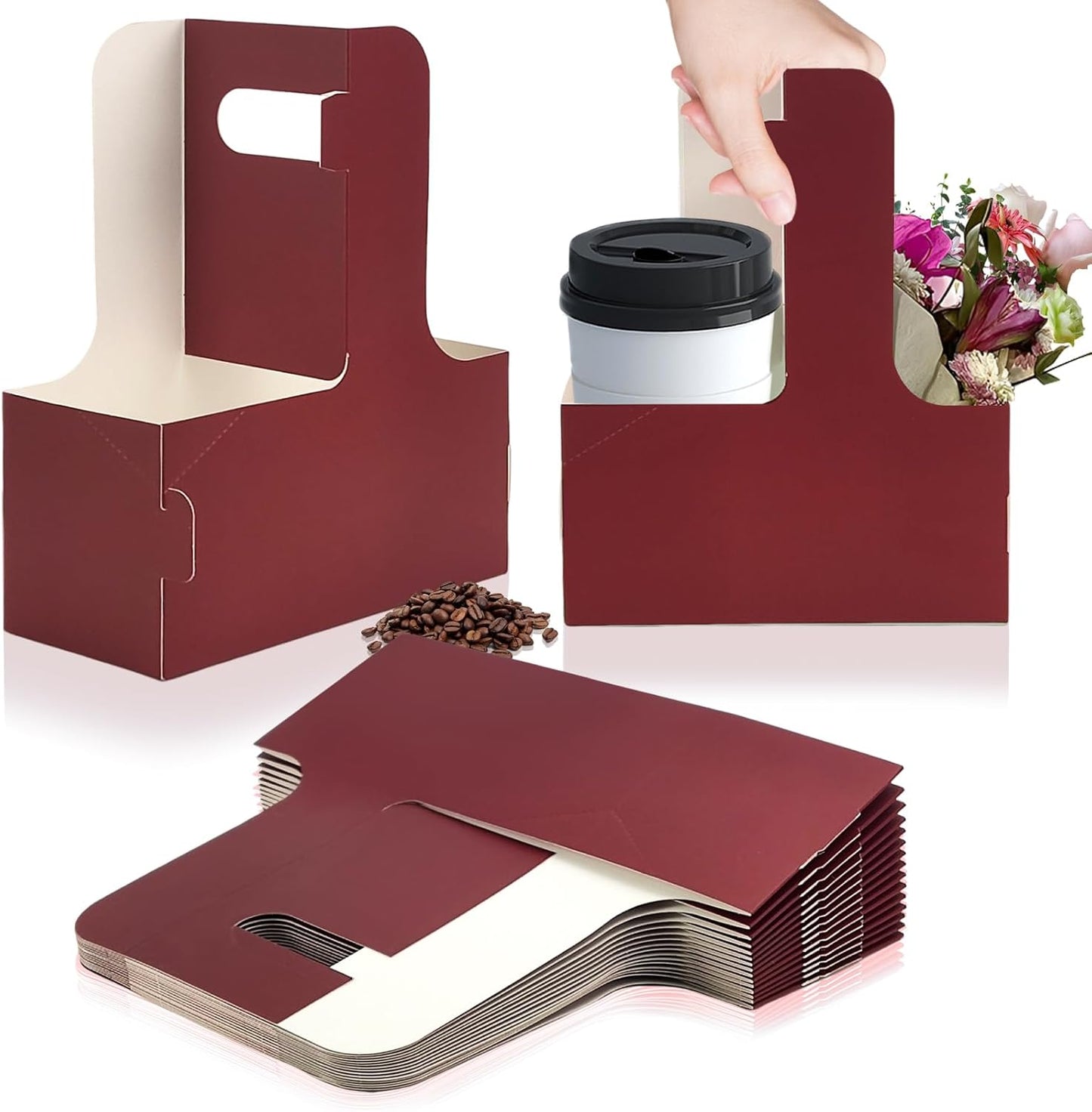 2 Cup Disposable Drink Carrier for Delivery with Handle,15 Count Wine Paperboard Cup Holder,Cup Carriers for Hot or Cold Drinks,Coffee Carrier, Food Delivery,Take Out Cup Carriers (Wine Red, 15 PCs)
