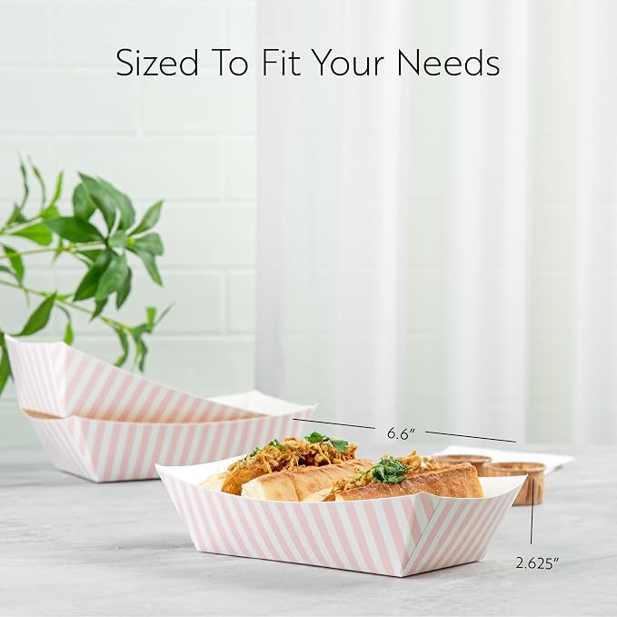 Restaurantware-Bio Tek 2 Pound Food Trays, 50 Disposable Paper Food Trays - Heavy-Duty, Greaseproof, Pink and White Paper Boats, for Snacks, Appetizers, Or Treats, Use At Parties Or Carnivals - Image 2