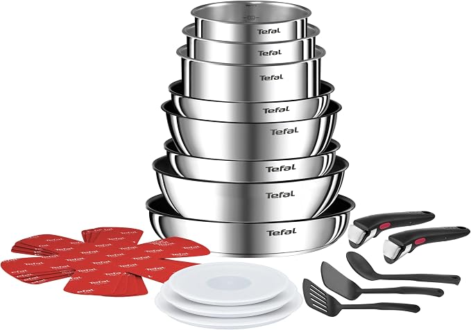 Tefal Ingenio L897SK04 20-Piece Cookware Set, Frying Pans with 2 Removable Handles, Induction, Non-Stick Coating, Stackable, Dishwasher Safe, Emotion L897SK04, Silver by T-falbrand