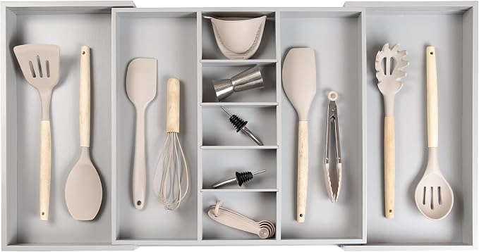 KitchenEdge Utensil & Junk Drawer Organizer, 19-33 in, Gray Bamboo | Food-safe contract grade, 100% sustainable wood, non-slip, adjustable by KitchenEdge
