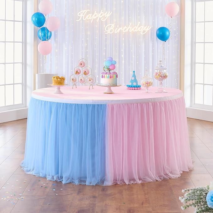 108in Blue Pink Tulle Table Skirts for Rectangle Tables 6/8/4ft, 2-Layer Gold Grim Ruffle Gender Reveal Tulle Tutu Cloth Table Skirt 9ft for Birthday Party Baby Shower Cake Dessert(No Table Cover) - Image 2