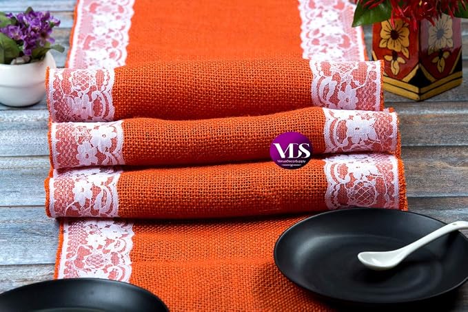 VDS Pack of 25, Burlap Table Runner with White Lace Edge, 100% Natural Jute Rustic Hessian Table Cloth Centerpiece for Wedding Birthday Party Banquet Table Decoration (Size 12X108 Inch)(Orange) - Image 6