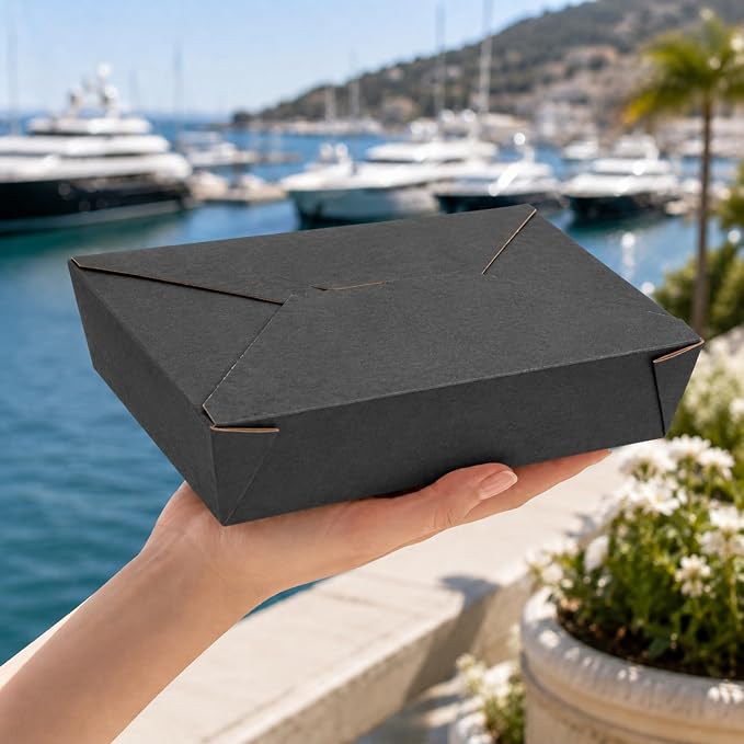 Restaurantware-Bio Tek 8.5 x 6.3 x 2 Inch Food Containers, 200 Durable Noodle Boxes - Disposable, Sustainable, Black Paper 49-Ounce Takeout Boxes, Rectangle, For Takeouts, Or Picnics - Image 5