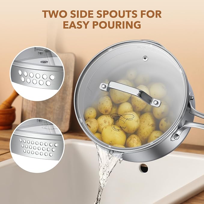 PekGema 2.5QT Saucepan w/Glass Strainer Lid, Tri-Ply Stainless Steel - Image 3