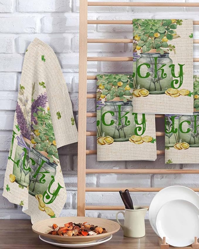 Lucky Clover Floral Dish Towels Set, Waffle Weave Kitchen Towels Microfiber Towels Cleaning Rustic St. Patricks Day Lavender Flower Soft Absorbent Dish Drying Towels Hand Towels 4 Pack 15.7x23.6 In - Image 2