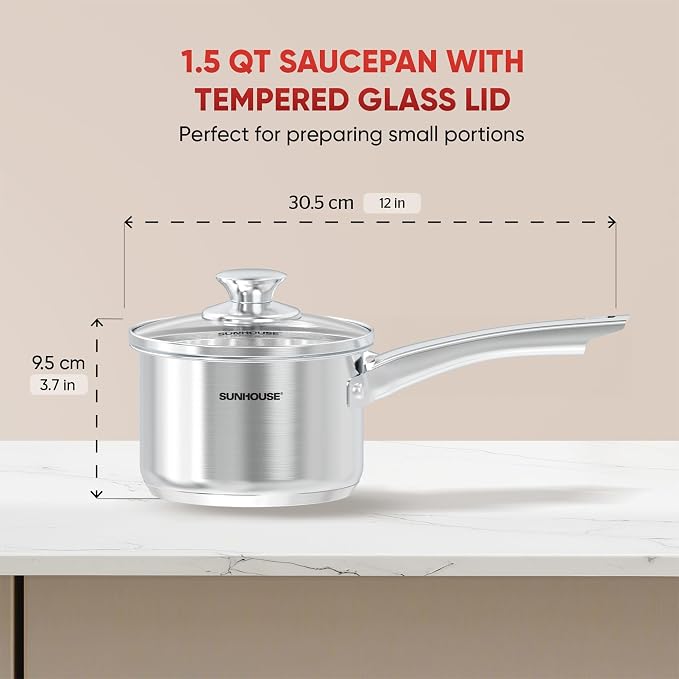 Sunhouse: Stainless Steel Saucepan - Classic: 1.5 Quart - Tempered Glass Lid, 3-Ply Bottom, Round-Edge Cookware Pot, All Cooktop-Oven-Dishwasher Safe - Image 2