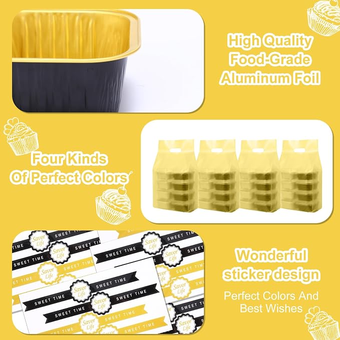424 Pcs Black Gold Mini Cake Pans with Lids Spoons | Back to School, Disposable, 100 5oz Aluminum Foil Baking Pans, 100 Lids 100 Spoons 100 Sealing Stickers 24 Gift Bags, Desser - Image 3