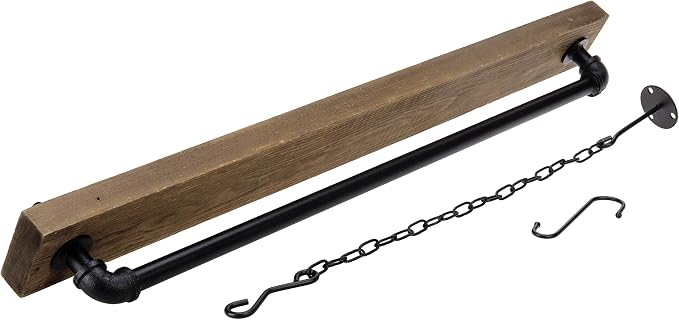 MyGift 30 Inch Ceiling or Wall Mounted Pot Rack with Rustic Brown Solid Wood Shelf and Industrial Matte Black Metal Pipe, Hanging Cookware Utensils Organizer with 8 S-Hooks | Solid Wood Shelf, Industrial Pipe Design, Eight S Hooks, Ceiling or Wall Moun... - Image 5