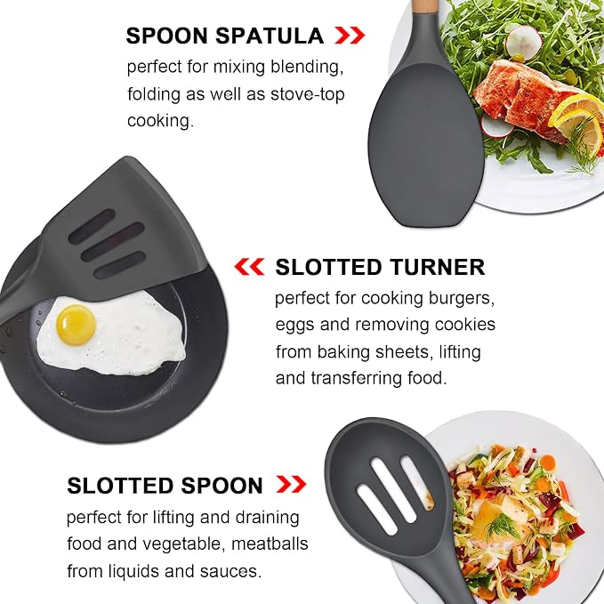 Silicone Cooking Utensils Set 5-Piece Non-Stick Kitchen Utensil Set, Wood Handle Heat Resistant Spatula Spoon Turner Soup Ladle Silicone Cooking Kitchen Gadgets BPA Free for Nonstick Cookware - Image 4