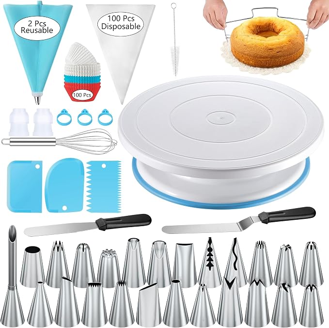240PCS Cake Decorating Supplies Kits Cake Turntable, 100 Piping Bags 100 Disposable Cupcake Liners 24 Icing Piping Tips 3 Icing Scrapers 2 Spatulas Cake Leveler for Baking by GZMAISULEE