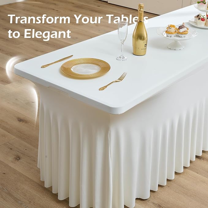 NSSONBEN 4 pk Ivory Spandex Tablecloths for 8 Foot Rectangle Tables,Wrinkle Free Stretchy Cream Table Clothes Fitted Table Cover 8 ft Desk Skirt for Parties Weddings Birthday Banquet Baby Shower - Image 7