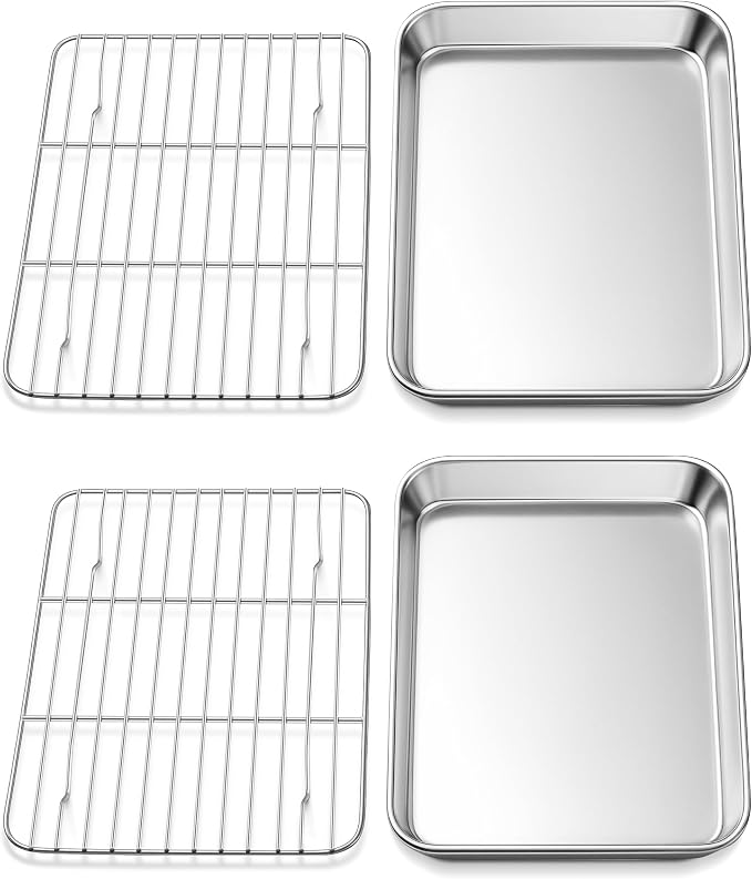 Homikit Mini Baking Sheet with Wire Rack for Toaster Oven (2 Pans+2 Racks) | 9x7 Inch Stainless Steel Baking Sheets with Cooling Racks Set, Small Cookie Pans Nonstick, Metal Bacon Tray, Dishwasher Safe by Homikit
