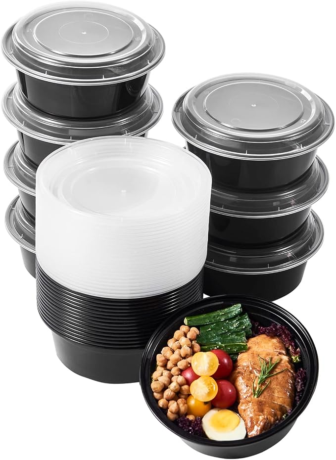 Jaluxing 32 oz 150 ct Round Meal Prep Containers with Lids Plastic Food Storage Lunch Plan To Go Box Disposable Take Out Bowl Black BPA Free Reusable Stackable Microwave Freezer Safe (Formerly FULING) by JALUXING