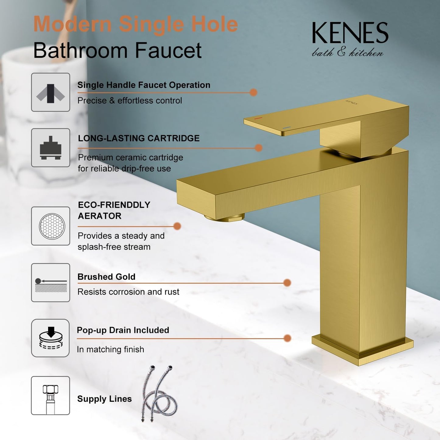 KENES Brushed Gold Bathroom Faucets, Modern Single Hole Lavatory Vanity Faucet, Single Handle Bathroom Sink Faucet Gold, with Pop Up Drain & Water Supply Hoses LJ-9031-4