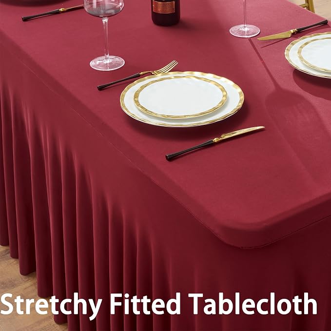 3 Pack Burgundy Spandex Tablecloth for 6 foot Rectangle Tables, Wrinkle Free Fitted Table Cloth Cover 6ft Maroon Stretchy Tablecloths with Skirt for Parties Weddings Birthday Banquet Baby Shower - Image 2