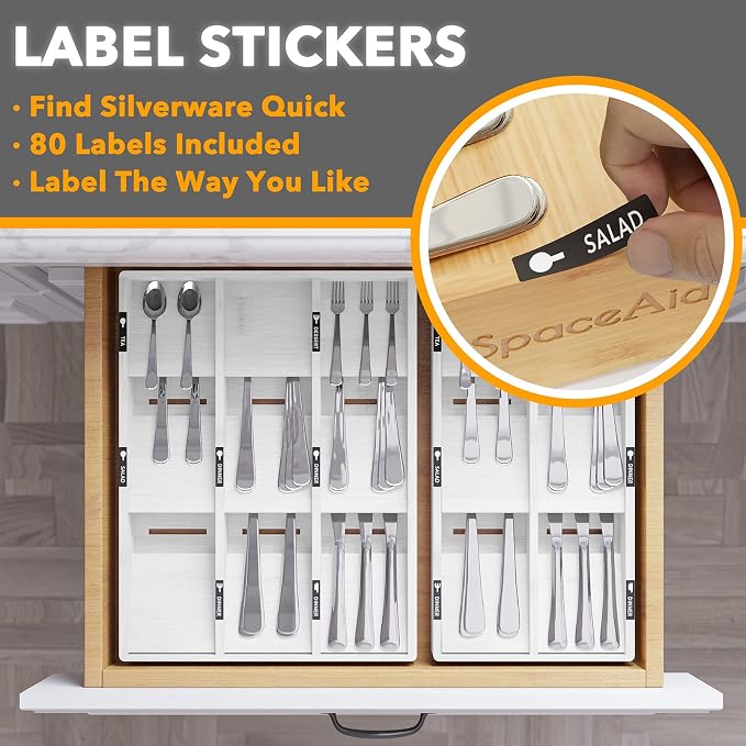 SpaceAid Bamboo Silverware Drawer Organizer with Labels, Kitchen Utensil Tray Holder Organizer for Flatware, Cutlery, Spoon and Knives Drawer Storage Organization (White, 6 Slots) - Image 3
