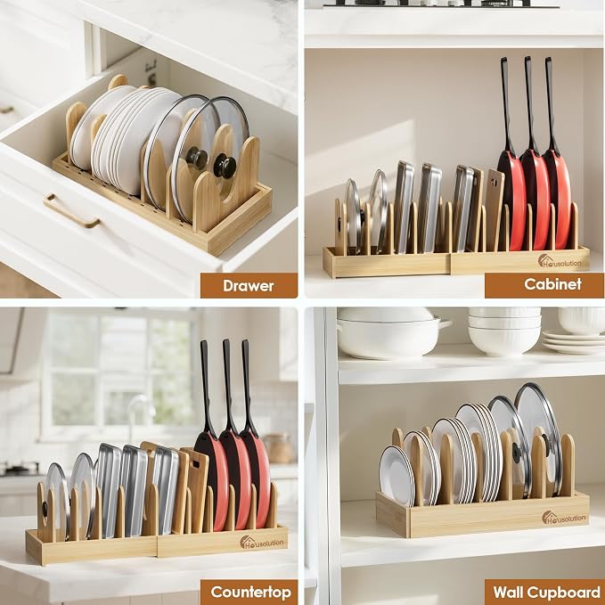 Housolution Bamboo Pot and Pan Lid Organizer Holder Storage Rack - Image 5