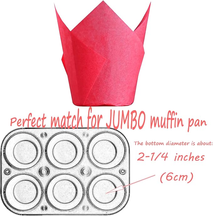 Red colour Large size Tulip Baking Cups 2-1/4"(Base diameter) x 4"(Wall height) Greaseproof paper baking cupcake Muffin liners, Case of 130 pcs - Image 2