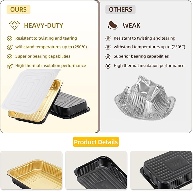 Aluminum Foil Pans, Heavy Duty Disposable Aluminum Baking Pans | 14.57"×10.63" Steam Table Pans for Cooking, Heating, Storing, Prepping Roasting and Chafing (15 Pack Black and Gold) - Image 4