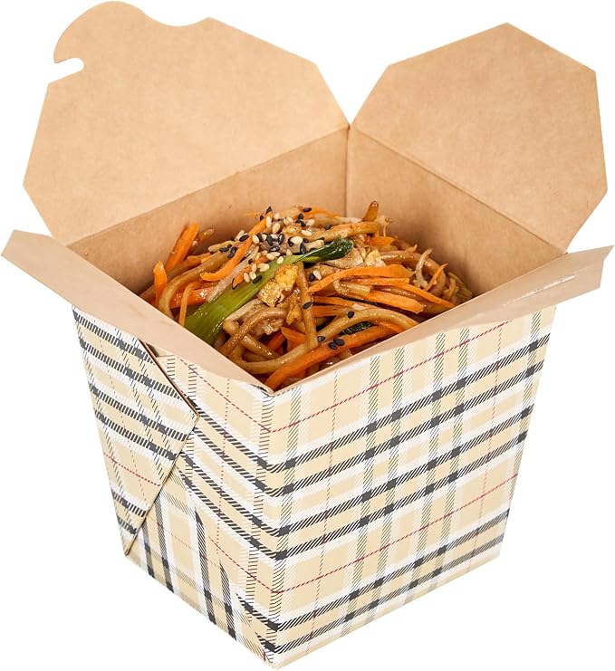 Restaurantware 26 oz Square Paper Plaid Noodle Take Out Container, 200 Pack - Image 11