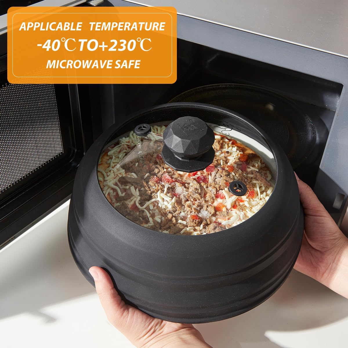 Microwave Splatter Cover Vented Glass Cover Splatter Guard Lid with Collapsible Silicone for Food as Pot Cover Plate Cover 10.8 inch for 6 7 8 9 10 inch Plate Bowl Black