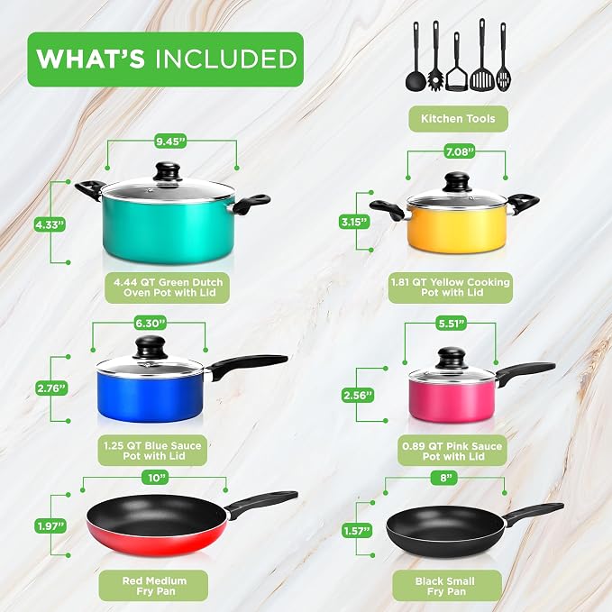 NutriChef 15-Piece Non Stick Kitchen Cookware Set PFOA/PFOS-Free, Colorful Heat Resistant Lacquer w/Saucepot, Frying Pans, Oven Pot, Lids, 5 Utensil - NCCWCOR15 - Image 2