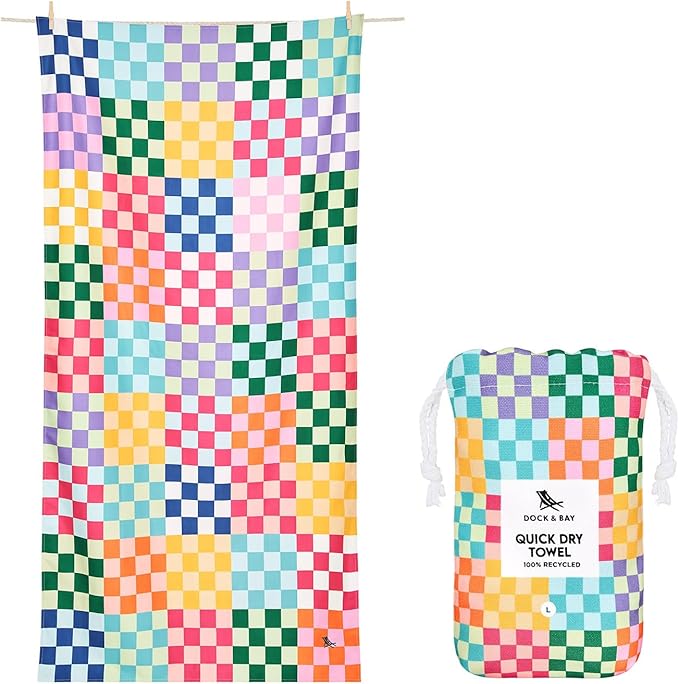 Dock & Bay Kid's Towel - Quick Dry, Sand Free - Compact, Lightweight - 100% Recycled - Includes Bag - Check Me Out - Large (160x90cm, 63x35) by DockBay