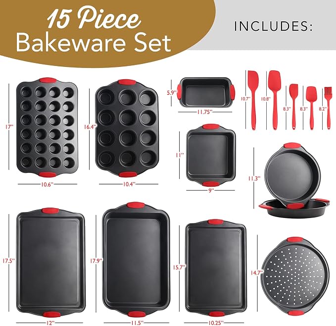Eatex Baking Sheet Set, 15 Piece Baking Pans Set, Cookie Sheets for Baking | Nonstick Bakeware Sets, Steel, Warp Resistant 450°F Oven Safe, Sheet Pans for Baking with Silicone Handles, BPA Free, Black - Image 2