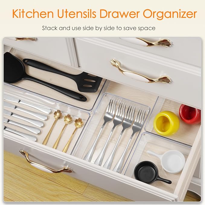 Criusia Drawer Organizer, 26 Pack Clear Plastic Drawer Organizer Bins, Versatile Organization and Storage Trays for Kitchen, Bathroom, Vanity Makeup and Office - Image 4