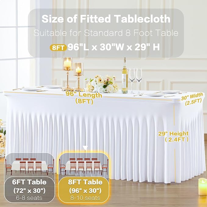 gogoparti 4 Pack Spandex White Fitted Table Cloth for 8ft Rectangle Tables White Stretch Tablecloth Table Covers Skirt Banquet Wrinkle Free Tablecloths for Parties Wedding - Image 5