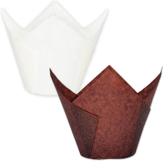 (Jumbo Extra Large size) Brown+White Tulip Baking Cups 2-1/4"(Base diameter) x 3-3/4"(Wall height) Greaseproof paper baking cupcake Muffin liners, Case of 130 pcs by MyBakning