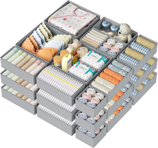 DIMJ Drawer Organizer Clothes 24 Pack - Foldable Baby Organizers and Storage & Dresser Organizer for Bedroom, Closet - Nursery Organization Dresser Dividers for underwear, Sock,Bra, Belt, Tie, Gray