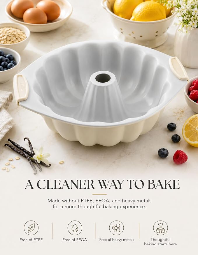 Boxiki Kitchen Ceramic Fluted Cake Pan, 12 x 10 x 3 Inches Nonstick Pound Cake Pan, Heavy Duty 0.6mm Aluminized Steel, KFCC Korean Ceramic Coating, Oven Safe to 550°F, PFAS-Free, Large Tube Cake Mold - Image 2