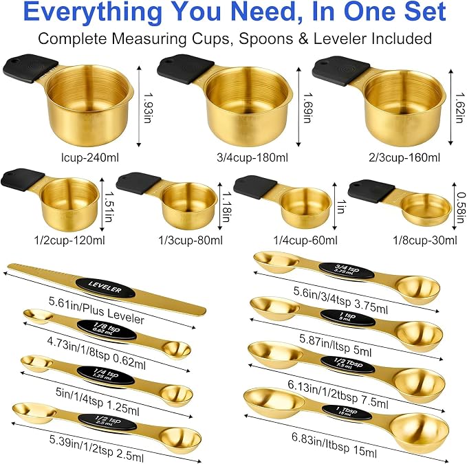 Magnetic Measuring Cups and Spoons Set, Strong N52 Magnets, Heavy Duty 304 Stainless Steel Fits in Spice Jars for Baking & Cooking, BPA Free, Round Set of 15 with Leveler,Gold - Image 7