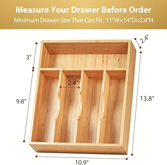 Umilife Bamboo Kitchen Drawer Organizer, 11 Inch Silverware Utensils Tray Holder with Grooved Dividers, 2.4" High Wood Caddy for Flatware Cutlery Knives - Image 6