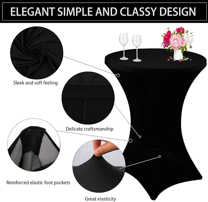 2 Pack Cocktail Spandex Tablecloth 32"x43" Cocktail Table Cover Fitted for High Top Round Table for Bar Wedding Birthday Party Banquet (Black) - Image 3