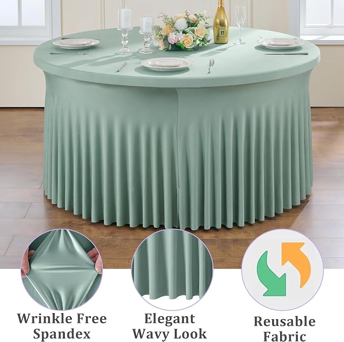 6 Pack Sage Green Spandex Round Tablecloths for 60 inch Table, Wrinkle Free Stretchy 120inch Fitted 5FT Round Table Cover Cloths with Skirt for Wedding Party Dining Banquet - Image 4