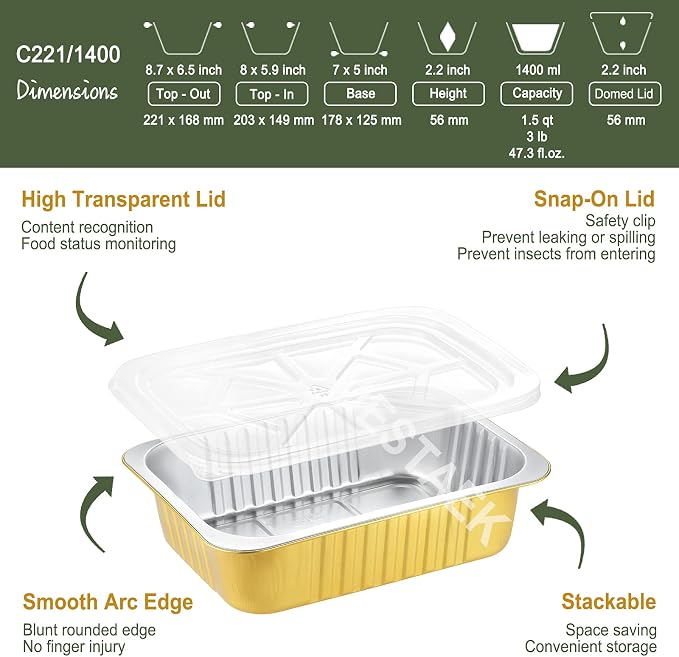 47oz Foil Pans with Lids, 50 Pack, 8.5 x 6.5 Inch - Image 3