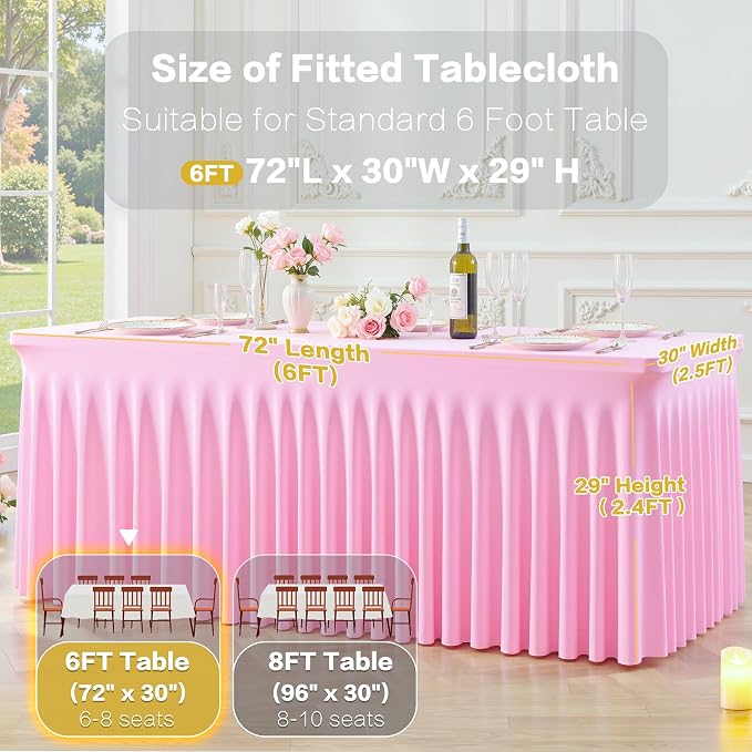 gogoparti 6 Pack Spandex Pink Fitted Table Cloth for 6ft Rectangle Tables Pink Stretch Tablecloth Table Covers Banquet Table Clothes Wrinkle Free Table Skirt for Parties Wedding - Image 6