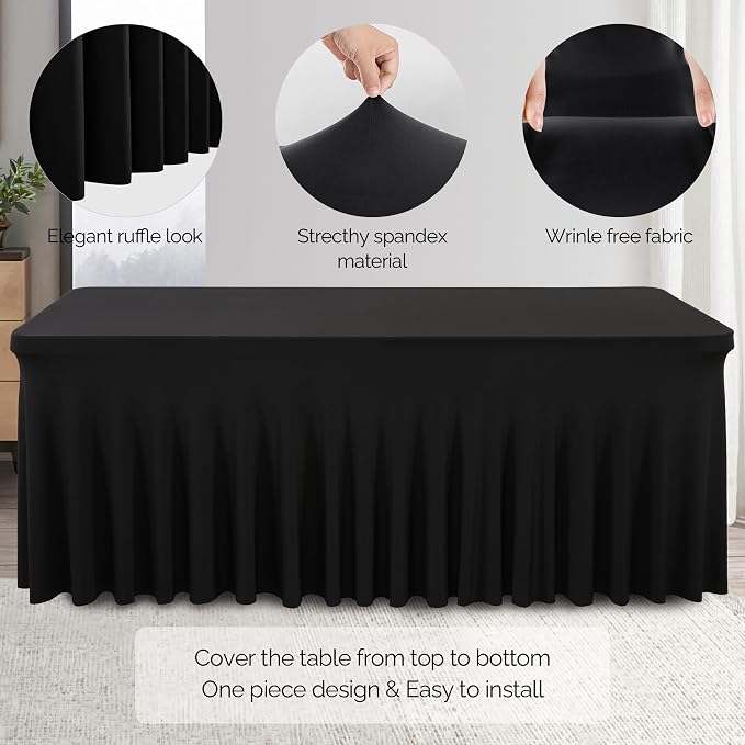 Wish Care 6 Pack Black Spandex Table Cloths for Rectangle Tables 6ft - One-Piece Wrinkle Free Fitted Table Cover 6 Foot Table Stretch Tablecloths for Party, Banquet, Wedding and Events - Image 2